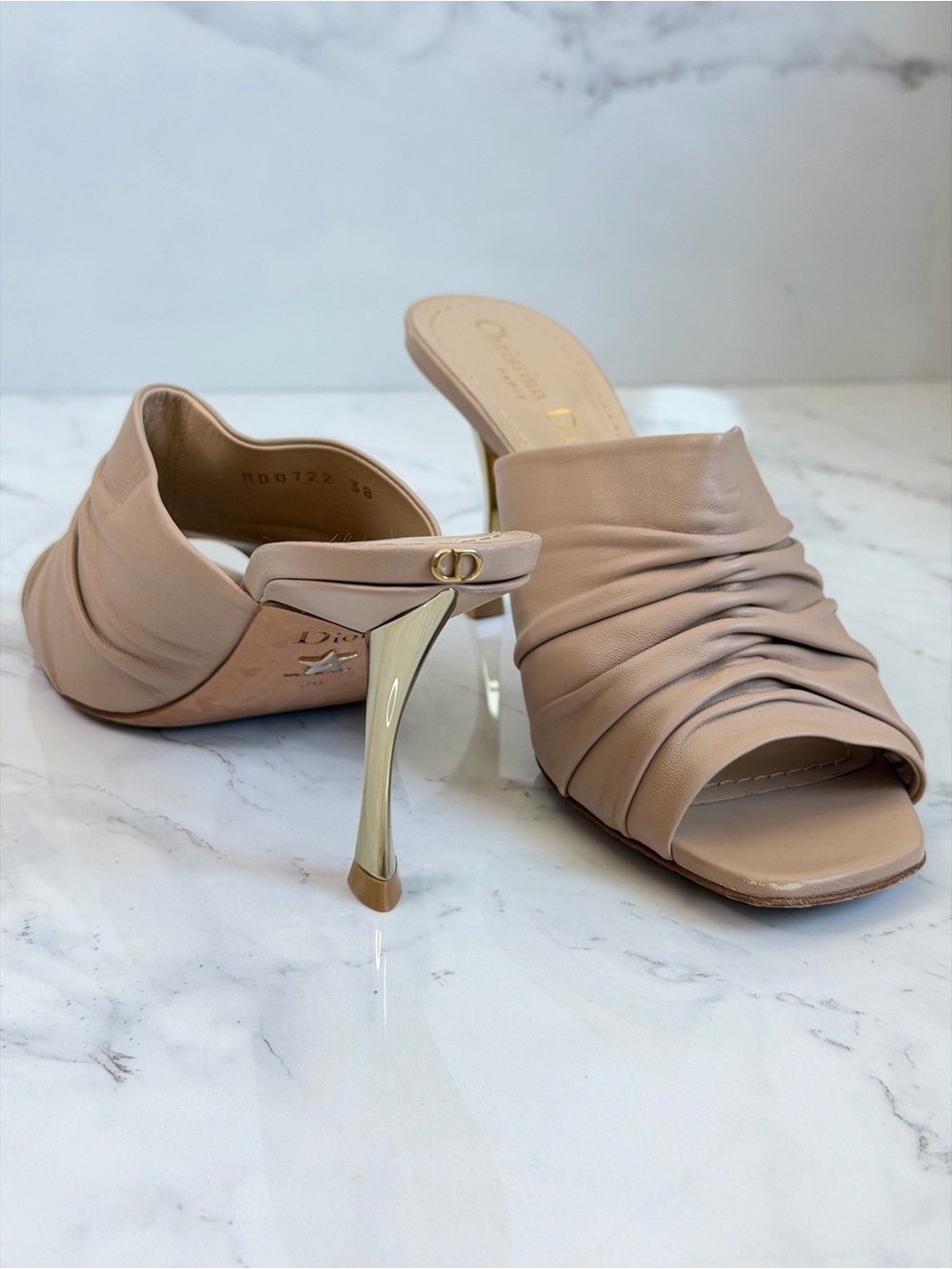 Authentic Christian Dior Beige Ruched Leather CD Logo D-Fame Heels Mules